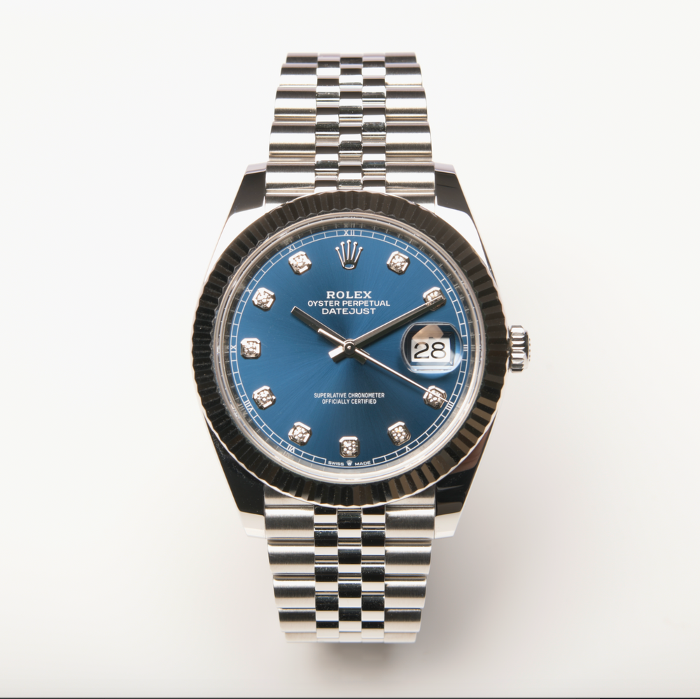 Datejust 41 - Oystersteel and White Gold, Bright Blue Diamond Set Dial (2024) – Rolex | Swiss Emporium Melbourne