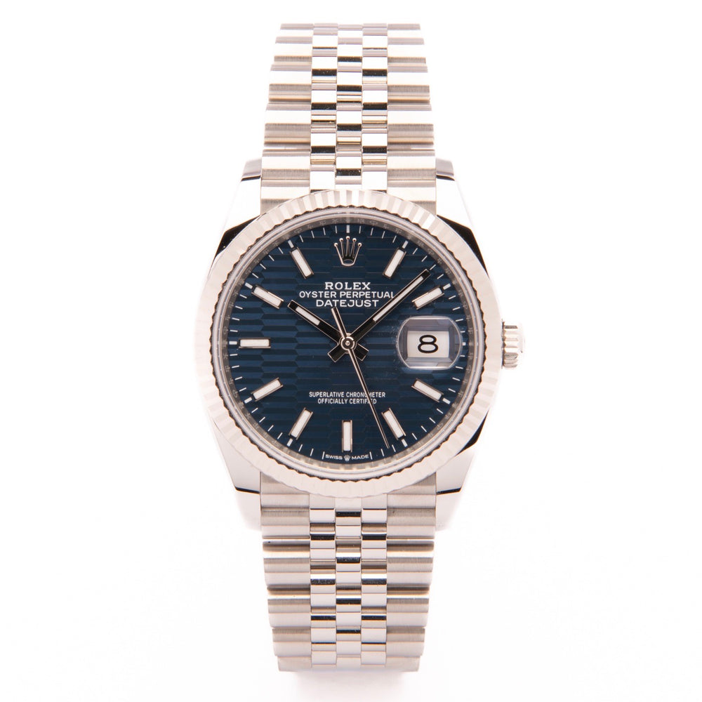 Datejust 36- Oystersteel & White Gold, Bright Blue Fluted Motif Dial – Rolex | Swiss Emporium Melbourne