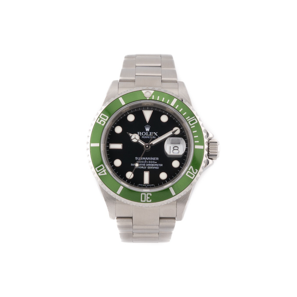 Rolex Submariner 16610LV Kermit green bezel dive watch, black Maxi dial, 40mm stainless steel, 2009