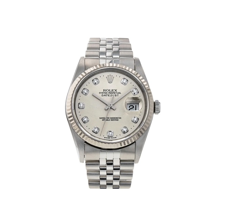 Datejust 36  Steeland White Gold, Fluted Bezel, Silver Diamond Dial