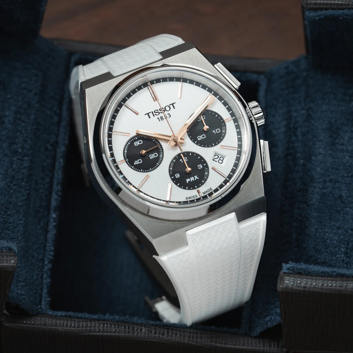 White Tissot PRX Chronograph CTS Rubber Strap Swiss Emporium