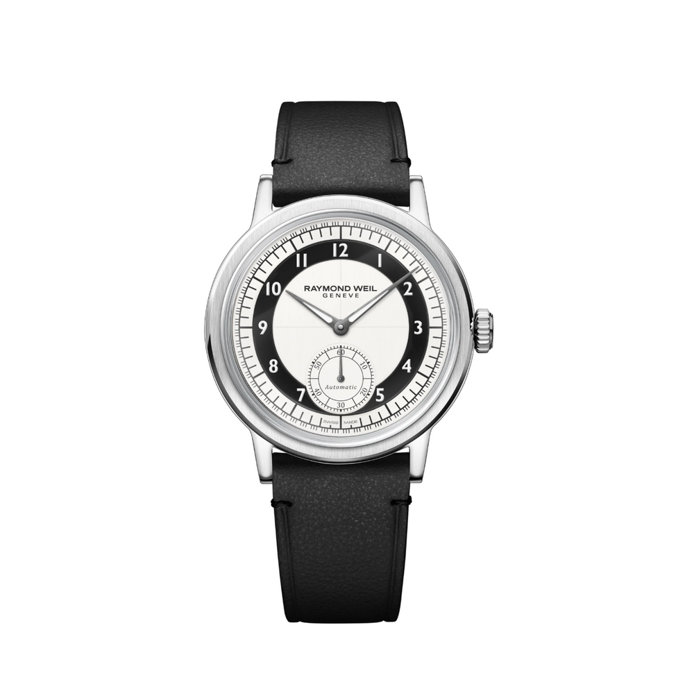 Raymond Weil Millesime automatic watch with black leather strap and silver stainless steel case