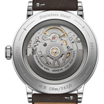 Transparent sapphire case back of Raymond Weil Millesime Small Seconds Automatic watch revealing RW4251 mechanical self-winding movement and W-shaped oscillating weight