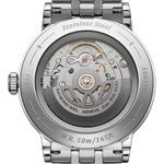 Transparent sapphire case back of Raymond Weil Millesime watch revealing RW4251 automatic movement and W-shaped oscillating weight