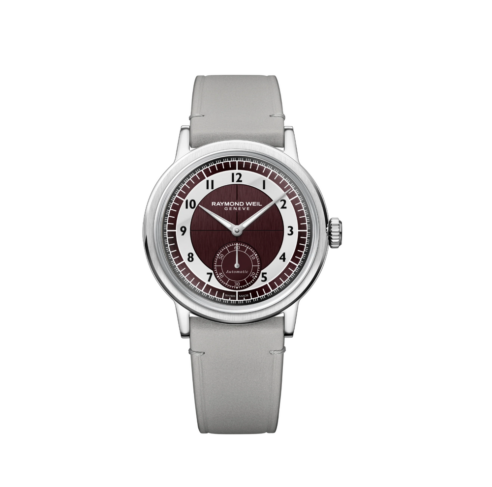 Raymond Weil Millesime Small Seconds automatic watch with burgundy and light grey tuxedo dial on calfskin strap