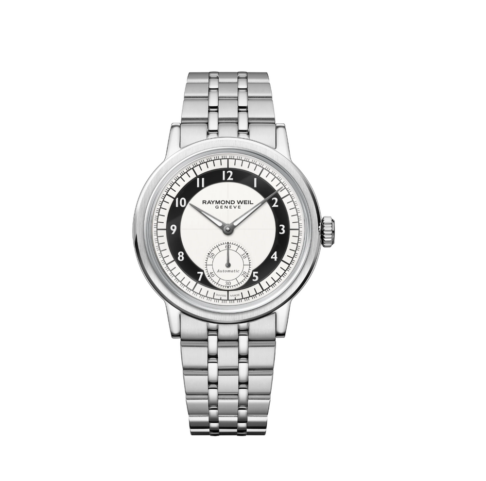 Raymond Weil Millesime Small Seconds automatic watch with black and cream tuxedo dial on stainless steel bracelet