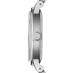 Side profile of Raymond Weil Millesime watch showing 39mm stainless steel case and domed sapphire crystal